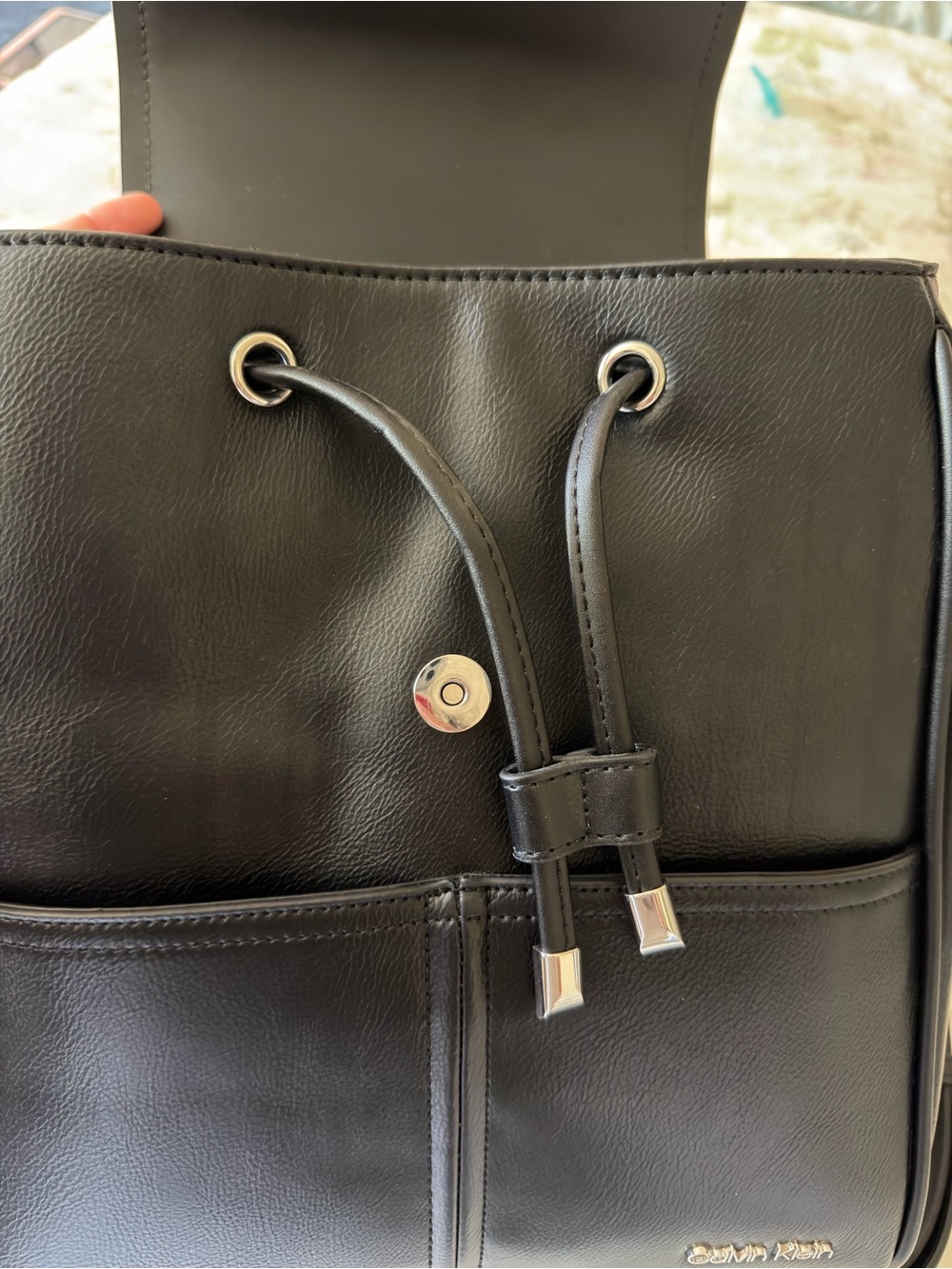 Calvin Klein Black Leather Mini Backpack with Front Flap Pocket - Picture 6 of 8